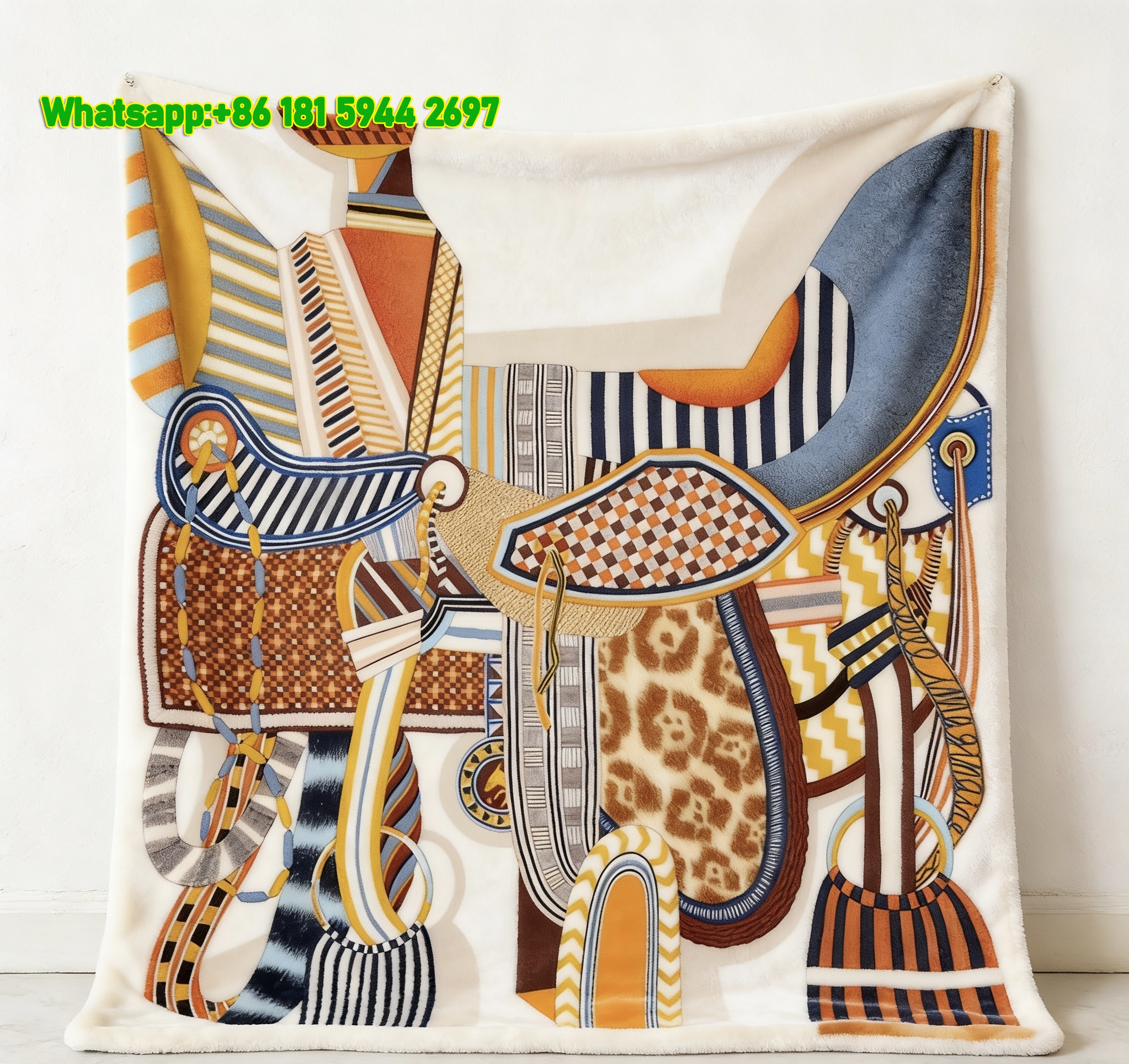 Hermes Teal Geometric Saddle Print Flannel Throw Blanket IMG_5248
